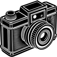 Vintage Camera: A detailed black and white illustration of a classic vintage camera, with its iconic design and lens, reminiscent of a bygone era of photography.