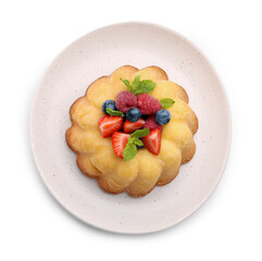 Delicious bundt cake with berries and mint isolated on white, top view