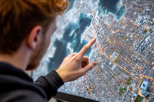 A person points at a detailed digital map on a large screen, highlighting urban roads and waterways. - Powered by Adobe