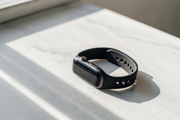 Fitness tracker, Smartwatch resting on a surface illuminated by natural light.