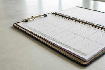 Fitness tracker, Open notebook with grid pages resting on a surface, ready for notes or planning.