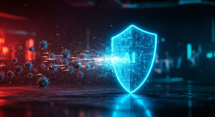 Futuristic artificial intelligence shield providing digital protection from cyber threats and malware.