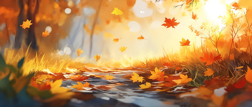 Watercolor illustration of a serene autumn path surrounded by colorful falling leaves with a warm golden light filtering through trees