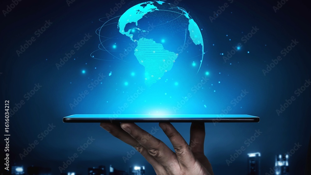 Poster global network connection visualization showing data exchange, digital link, worldwide communication