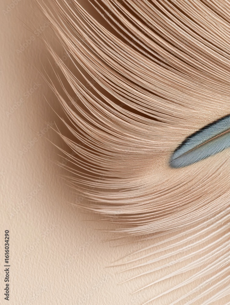 Poster close-up of a colorful peacock feather on beige background with negative space and soft lighting
