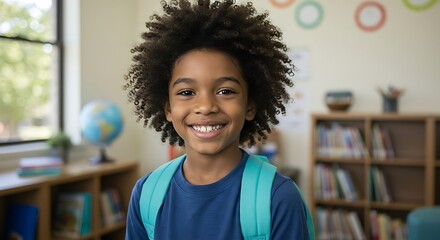 Fototapeta premium Smiling African American boy with backpack ready for school portrait