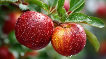 Obraz premium Red Apples on Branch with Droplets