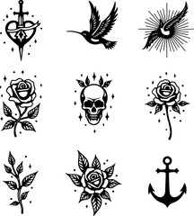 Fototapeta premium Traditional Tattoo Flash: Symbols of Strength, Love & Rebellion