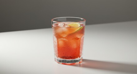 A refreshing drink with ice and lime in a clear glass on a white surface with a gray background