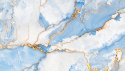 Naklejka premium Blue marble slab—vibrant cerulean base laced with veins of gold and pale white. Polished surface reveals flowing organic patterns, dense mineral texture, and radiant contrast, evoking opulence, clarit