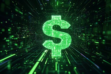 Green glowing dollar sign in a digital circuit tunnel.