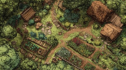 Fototapeta premium A beautifully detailed DnD battlemap featuring an overgrown magical farmstead, complete with wooden fences, rustic cabins, lush greenery, and vibrant gardens in a secluded forest setting. 