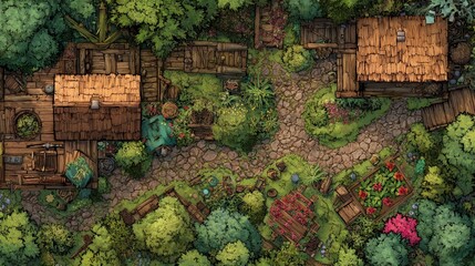 A beautifully detailed DnD battlemap featuring an overgrown magical farmstead, complete with wooden fences, rustic cabins, lush greenery, and vibrant gardens in a secluded forest setting.	