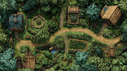 Fototapeta premium A beautifully detailed DnD battlemap featuring an overgrown magical farmstead, complete with wooden fences, rustic cabins, lush greenery, and vibrant gardens in a secluded forest setting. 