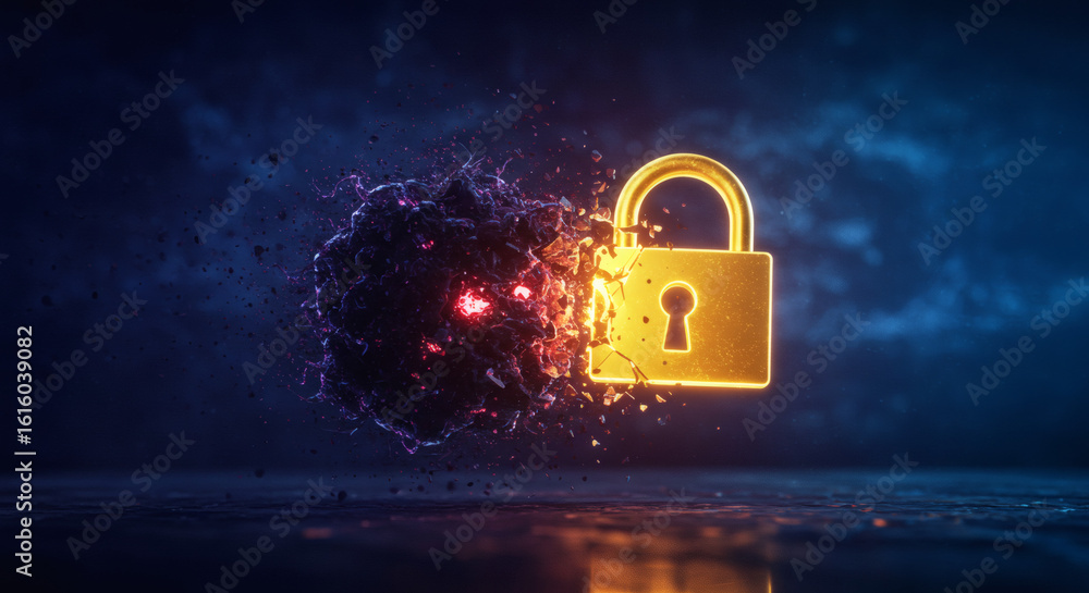 Poster digital security concept showing a glowing padlock successfully repelling a dark virus, symbolizing 