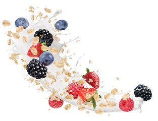 Oat flakes with fresh berries and milk splash flying on white background