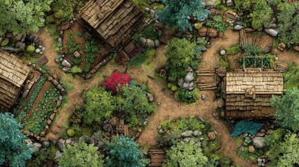 A beautifully detailed DnD battlemap featuring an overgrown magical farmstead, complete with wooden fences, rustic cabins, lush greenery, and vibrant gardens in a secluded forest setting.	