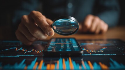Professional male reviewing corporate charts with magnifying glass and smartphone, detecting downturn patterns, financial slowdown, and revenue drop statistics