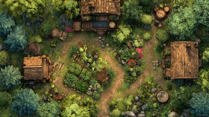 A beautifully detailed DnD battlemap featuring an overgrown magical farmstead, complete with wooden fences, rustic cabins, lush greenery, and vibrant gardens in a secluded forest setting.	