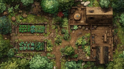 	
A beautifully detailed DnD battlemap featuring an overgrown magical farmstead, complete with wooden fences, rustic cabins, lush greenery, and vibrant gardens in a secluded forest setting.	
