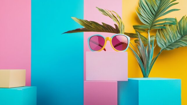 Palm leaves and sunglasses on color blocks for summer tropical branding product photography scene