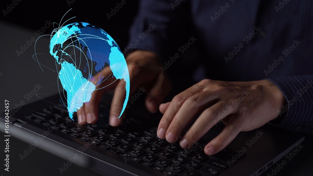 Poster global network connection visualization showing data exchange, digital link, worldwide communication