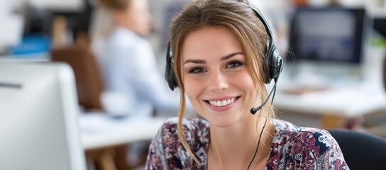 Smiling female call center agent with headset in modern office providing customer support and communication services in a professional and friendly environment