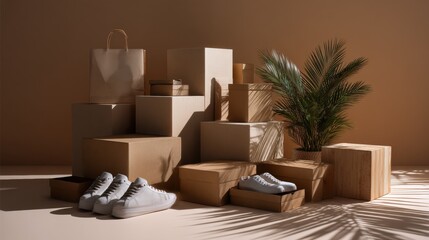 Multiple delivery packages and shoes on rug with sunlight for shipping branding product photography scene