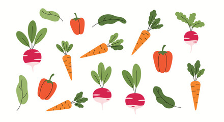 Fototapeta premium A vibrant assortment of fresh garden vegetables including radishes carrots bell peppers and cucumbers in a whimsical flat design