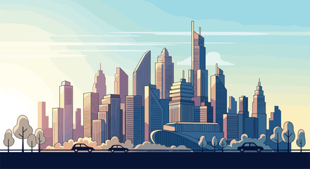 Naklejka premium Pixel art cityscape silhouette with a gentle morning sun casting warm rays on modern buildings and lush greenery