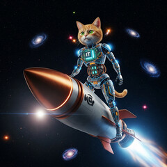 Naklejka premium Cat Robot Riding a Rocket