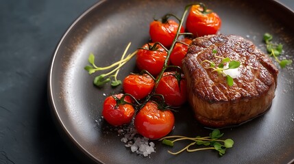 Juicy Steak with Cherry Tomatoes on Dark Plate for Healthy Meal