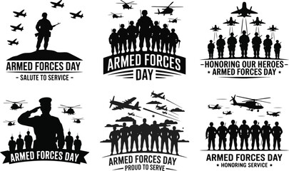 Obraz premium Armed forces day silhouette vector with single soldier and flying airplanes for salute to service and military honor