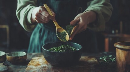 Person preparing herbs in kitchen with rustic ambiance for cooking branding lifestyle product scene