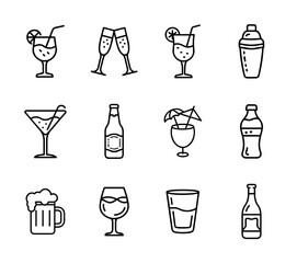 Drink and bar icon set in outline style with glasses, bottles, cocktails, shakers, and bar tools for beverage, party, and nightlife design themes