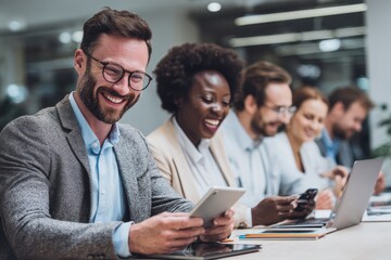 Confident coworkers brainstorming together with digital devices, teamwork in modern corporate environment