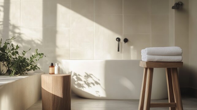 Minimalist bathroom with wooden furniture and sunlight for wellness spa branding product photography