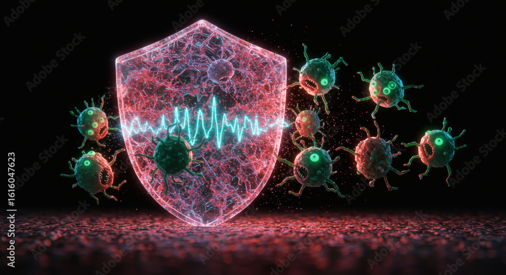Poster futuristic central processing units connected by a glowing blue energy helix, representing quantum c