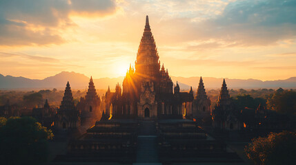 Majestic temple silhouetted against a breathtaking sunset with colorful skies and clouds
