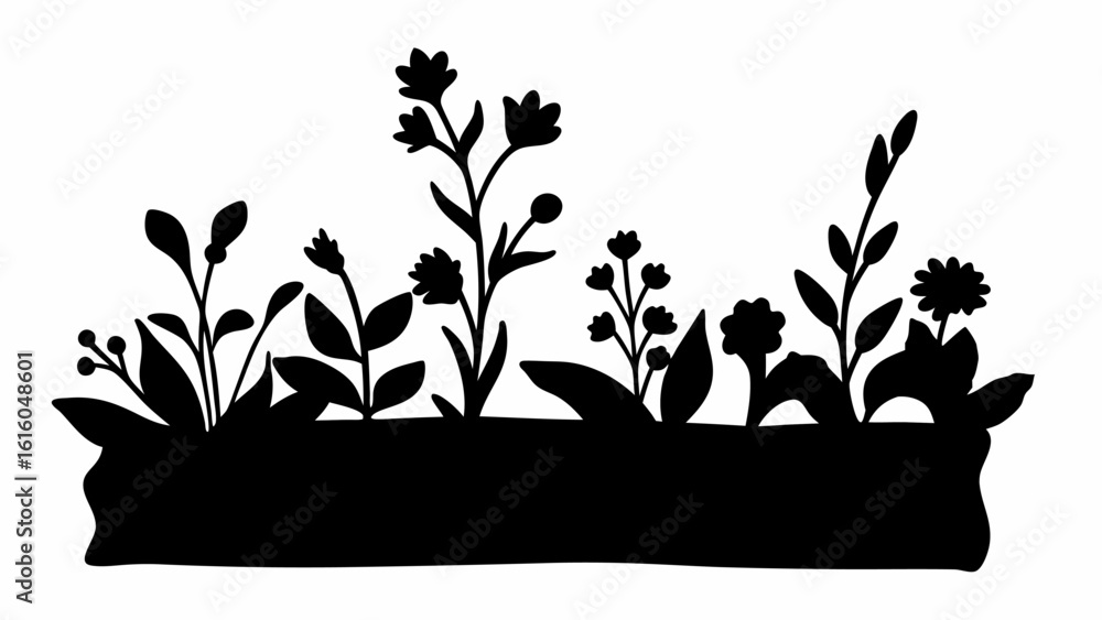 Aufkleber silhouette of assorted flowers and plants in a rectangular container against a white background desi