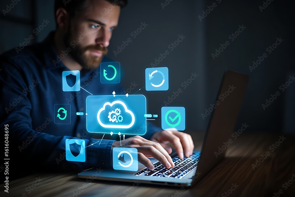 Poster man working on laptop with glowing blue cloud computing icons and digital network connections repres