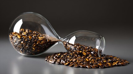 Hourglass with coffee beans spilling out over table for beverage branding and concept design imagery