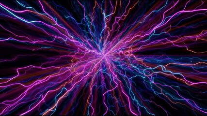 electric fractal burst in dark void, branching lightning-like neon veins, intense color contrast magentablueyellow, radial motion blur, pulsates on bass drops, high energy loop 91_51 1_4K_10s - Powered by Adobe