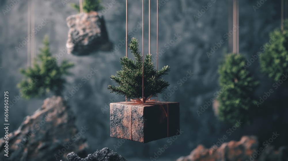 Poster floating cube with bonsai tree above rocks for fantasy surreal branding design concept digital compo