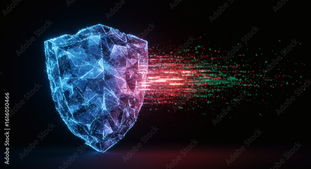 Poster digital shield protecting against cyber threats with data streams