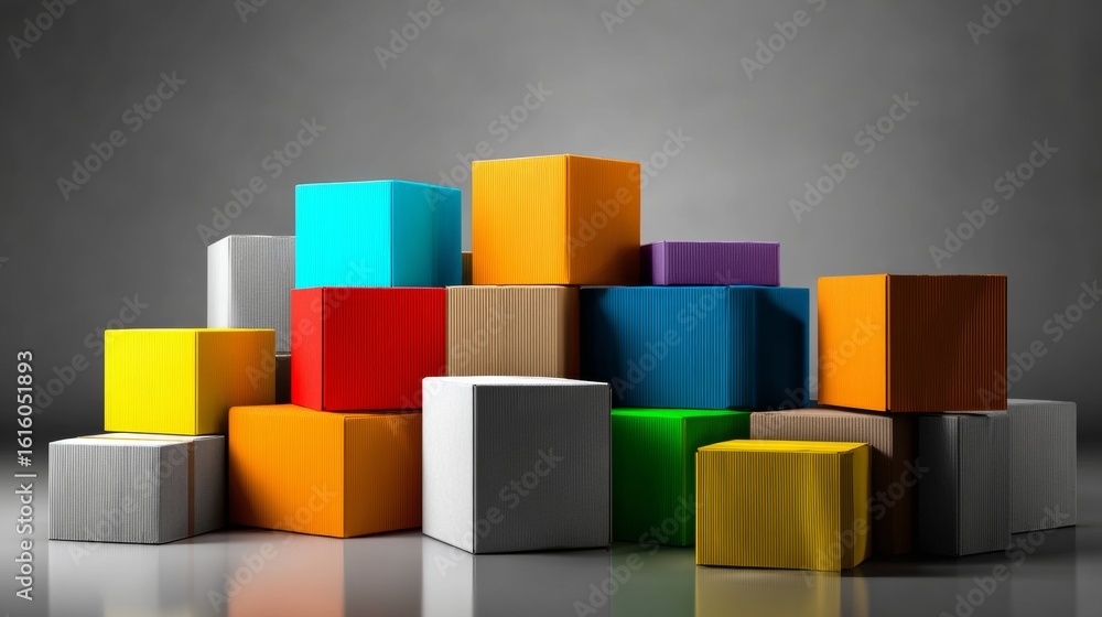 Poster colorful wooden cubes stacked in geometric pattern on gray background for abstract branding design p