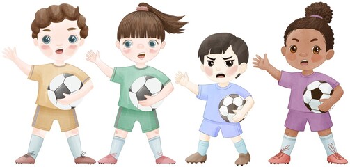 Group of diverse angry kids in soccer uniforms holding balls – watercolor illustration