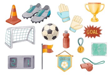 Cute watercolor soccer elements set ball shoes gloves trophy whistle scoreboard and more © Элина Плем