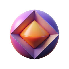 Abstract geometric sphere with layered iridescent purple and pink facets revealing a glossy orange pyramid shape inside isolated on transparent background