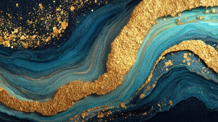 Abstract fluid art painting with flowing gold and teal color, evoking a sense of luxury and elegance. The texture and patterns resemble the movement of water.